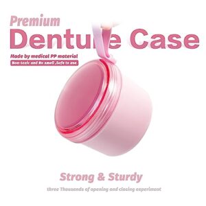 Denture Bath Case Cup Box Holder Storage Soak Container with Strainer Basket for Home or Travel Denture Cleaning (pink)