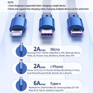 66W Retractable Multi 3 in 1 Charging Cable 3.6FT Super Fast Charger Cable with Type C/Micro USB/IP for iPad Pro, Phone 14/13/12,Samsung S23/S22/S21,PS5,Huawei,Tablets,C Charger and More(2Pack,Blue)