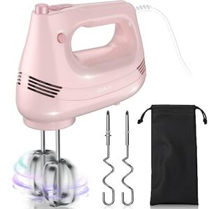 gualiu electric hand mixer with stainless steel egg beater, dough hook attachment and storage bag compact lightweight hand mixer for baking cakes, eggs, cream food mixers. turbocharged /5 speed + eject button kitchen blender pink