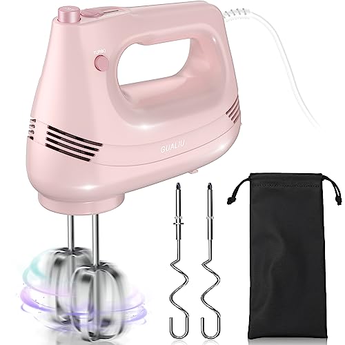 GUALIU Electric Hand Mixer with Stainless Steel Egg Beater, Dough Hook Attachment and Storage Bag Compact Lightweight Hand Mixer for Baking Cakes, Eggs, Cream Food Mixers. Turbocharged /5 Speed + Eject Button Kitchen Blender PINK