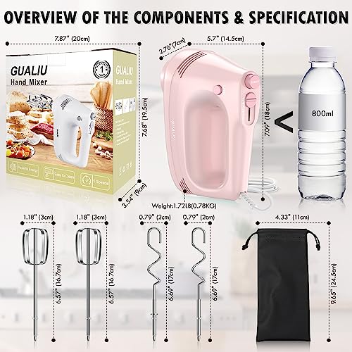 GUALIU Electric Hand Mixer with Stainless Steel Egg Beater, Dough Hook Attachment and Storage Bag Compact Lightweight Hand Mixer for Baking Cakes, Eggs, Cream Food Mixers. Turbocharged /5 Speed + Eject Button Kitchen Blender PINK