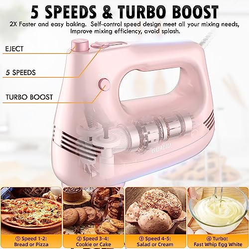 GUALIU Electric Hand Mixer with Stainless Steel Egg Beater, Dough Hook Attachment and Storage Bag Compact Lightweight Hand Mixer for Baking Cakes, Eggs, Cream Food Mixers. Turbocharged /5 Speed + Eject Button Kitchen Blender PINK