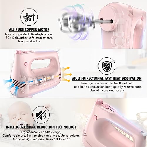 GUALIU Electric Hand Mixer with Stainless Steel Egg Beater, Dough Hook Attachment and Storage Bag Compact Lightweight Hand Mixer for Baking Cakes, Eggs, Cream Food Mixers. Turbocharged /5 Speed + Eject Button Kitchen Blender PINK