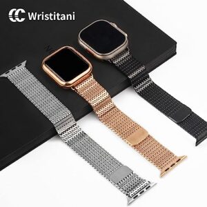 Wristitani Compatible with Apple Watch Band Series Ultra 8 SE 7 6 5 4 3 2 1, Magnetic Clasp Strap Stainless Steel Wristband Replacement for iWatch Band with TPU Case Rose Gold, 42mm 44mm 45mm