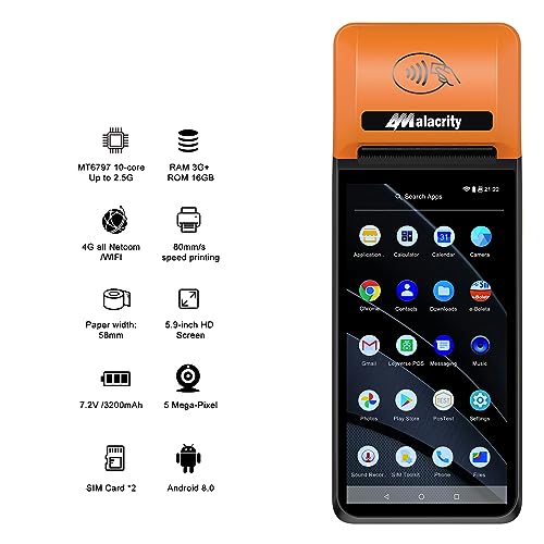 alacrity Handheld Mobile POS, 58mm Terminal Receipt Printer, Android 8.0 with Google Play, 5.9" Touch Screen PDA Supports 4G WiFi Bluetooth, Perfect to Manage Queues, Online, Mobile & Takeaway Orders