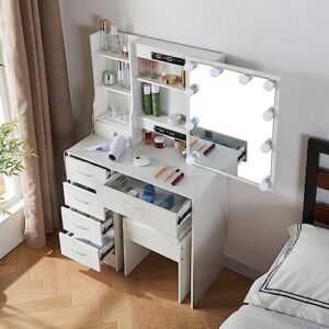 YAMISSI Hollywood Vanity Desk Set with10PCS LED Bulbs, 3 Color Modes and 6 Powerful Drawers, Dressing Table with Sliding Mirror and Cushion Stool for Girls and Women. White