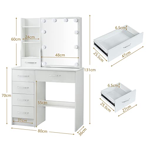 YAMISSI Hollywood Vanity Desk Set with10PCS LED Bulbs, 3 Color Modes and 6 Powerful Drawers, Dressing Table with Sliding Mirror and Cushion Stool for Girls and Women. White