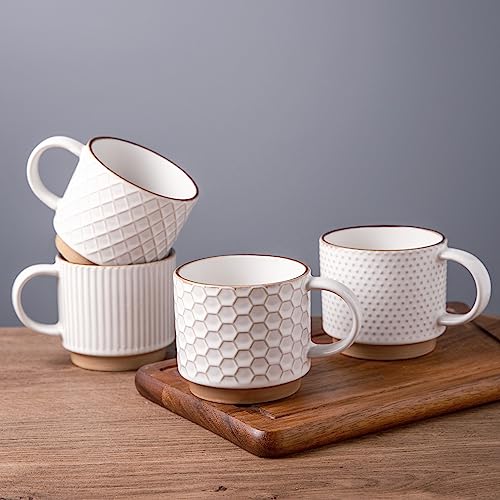 GBHOME 12OZ Stackable Coffee Mugs, Ceramic Coffee Mugs with Texture Patterns for Man,Woman,Dad,Mom, Modern Coffee Mugs Set of 4 for Latte/Cappuccino/Cocoa. Dishwasher&Microwave Safe, Off White