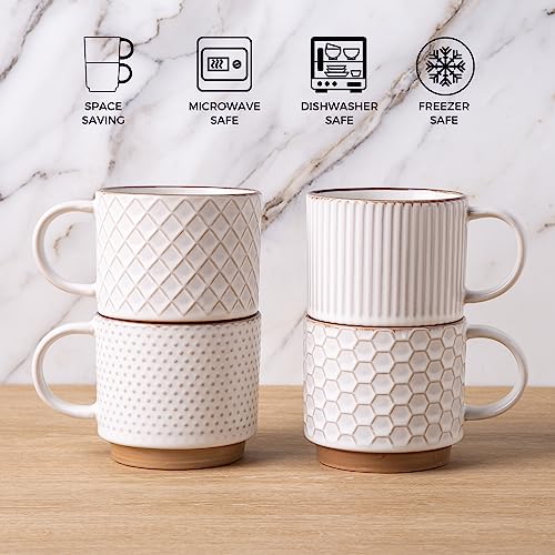 GBHOME 12OZ Stackable Coffee Mugs, Ceramic Coffee Mugs with Texture Patterns for Man,Woman,Dad,Mom, Modern Coffee Mugs Set of 4 for Latte/Cappuccino/Cocoa. Dishwasher&Microwave Safe, Off White