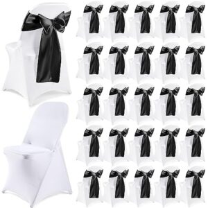 lounsweer 50 pcs stretch spandex folding chair cover and satin chair sashes bows chair slipcovers chair ribbon bows washable chair cover protector for wedding banquet party (white, black)