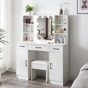 xinhonglei large vanity set with led lights, vanity desk with mirror and lights, makeup vanity dressing table with drawewrs, cabinet and cushioned stool for bedroom, white