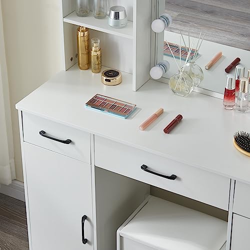 Xinhonglei Large Vanity Set with LED Lights, Vanity Desk with Mirror and Lights, Makeup Vanity Dressing Table with Drawewrs, Cabinet and Cushioned Stool for Bedroom, White