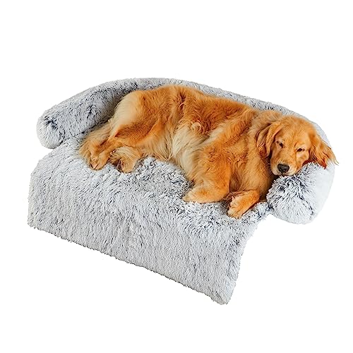 Codi Calming Dog Couch Beds for X-Large Dogs, Fluffy Plush Mat for Pets, Anti Anxiety Dog Bed with Removable Washable Cover for Large Medium Small Dogs and Cats, Light Grey, 45x37x6 inches