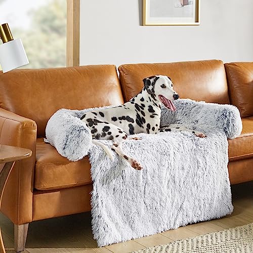 Codi Calming Dog Couch Beds for X-Large Dogs, Fluffy Plush Mat for Pets, Anti Anxiety Dog Bed with Removable Washable Cover for Large Medium Small Dogs and Cats, Light Grey, 45x37x6 inches