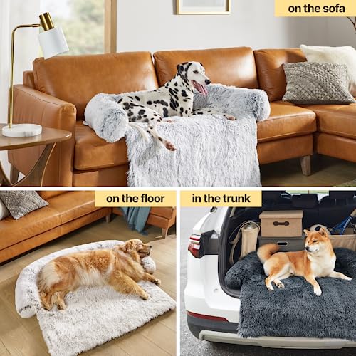 Codi Calming Dog Couch Beds for X-Large Dogs, Fluffy Plush Mat for Pets, Anti Anxiety Dog Bed with Removable Washable Cover for Large Medium Small Dogs and Cats, Light Grey, 45x37x6 inches