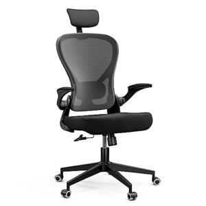 Frylr Ergonomic Home Office Desk Chair with Flip-up Arms and Headrest - Perfect for Big and Tall Users/Adjustable Lumbar Support/450 lbs Heavy Duty Office Chair（Black）