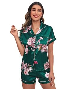 wdirara women's sleepwear 2 piece satin floral print short sleeve shirt and shorts silk pajama set green xl