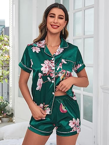 WDIRARA Women's Sleepwear 2 Piece Satin Floral Print Short Sleeve Shirt and Shorts Silk Pajama Set Green XL