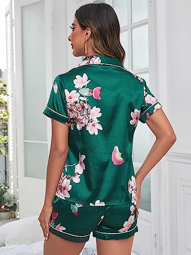 WDIRARA Women's Sleepwear 2 Piece Satin Floral Print Short Sleeve Shirt and Shorts Silk Pajama Set Green XL