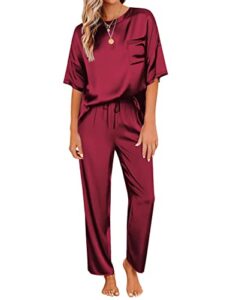 inadays womens silk pajamas set satin silky lounge set short sleeve shirt with long pajama pant pajamas for women set red wine