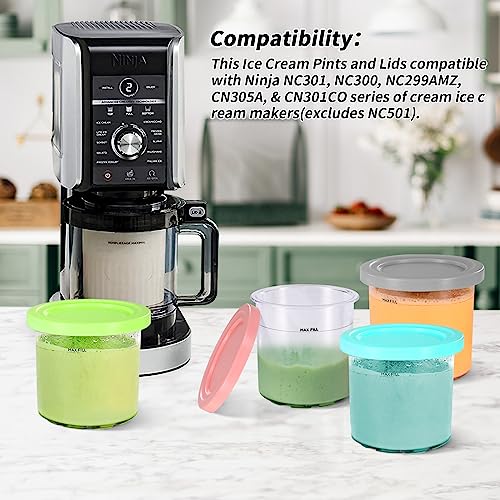 4 Pack Ice Cream Pints and Lids Compatible with Ninja NC300 NC301 NC299AMZ Series Creami Ice Cream Makers,BPA-Free,Dishwasher Safe,Color Lids(16oz Cups)