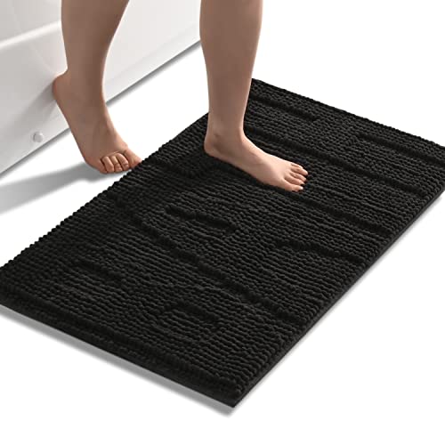 QJHOMO Black Bathroom Rug Chenille Bath Mats for Bathroom Non Slip Floor Mat, Thick Soft Shaggy Bath Rugs, Super Absorbent Bathmat Quick Dry, Machine Washable Microfiber Rugs for Shower, 16 x 24 Inch