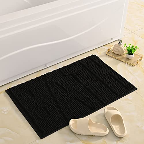 QJHOMO Black Bathroom Rug Chenille Bath Mats for Bathroom Non Slip Floor Mat, Thick Soft Shaggy Bath Rugs, Super Absorbent Bathmat Quick Dry, Machine Washable Microfiber Rugs for Shower, 16 x 24 Inch