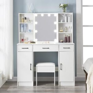 large vanity, vanity desk with mirror & lights,white vanity set makeup table with 3 drawer & 3 level storage dresser,2 cabinets,bedroom dressing table