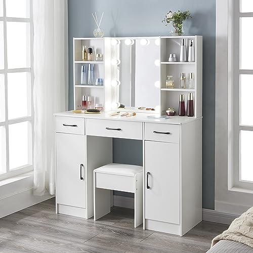 Large Vanity, Vanity Desk with Mirror & Lights,White Vanity Set Makeup Table with 3 Drawer & 3 Level Storage Dresser,2 Cabinets,Bedroom Dressing Table