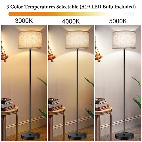 TOBUSA Floor Lamp for Living Room Bedroom with 3CCT LED Bulb, Modern Standing Lamp Drum Shade, 65’’ Tall Lamp with Foot Switch Black Pole, Dimmable Simple Design Stand Up Lamp for Home Office Reading