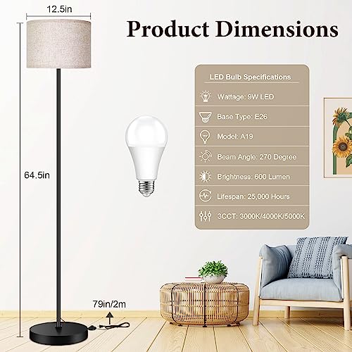 TOBUSA Floor Lamp for Living Room Bedroom with 3CCT LED Bulb, Modern Standing Lamp Drum Shade, 65’’ Tall Lamp with Foot Switch Black Pole, Dimmable Simple Design Stand Up Lamp for Home Office Reading