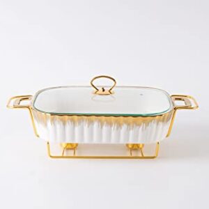 HONHPD 3 Piece Set Chafing Dish Buffet Set, Ceramics Chafer with Imitation Marble Finish, Chafer and Buffet Warmer Set for Buffet Weddings,Parties, Banquets,Catering Events,Golden