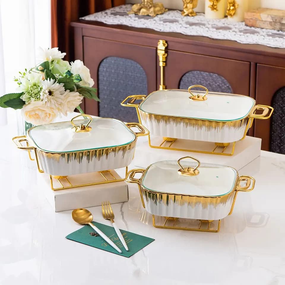 HONHPD 3 Piece Set Chafing Dish Buffet Set, Ceramics Chafer with Imitation Marble Finish, Chafer and Buffet Warmer Set for Buffet Weddings,Parties, Banquets,Catering Events,Golden