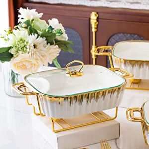 HONHPD 3 Piece Set Chafing Dish Buffet Set, Ceramics Chafer with Imitation Marble Finish, Chafer and Buffet Warmer Set for Buffet Weddings,Parties, Banquets,Catering Events,Golden