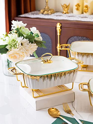 HONHPD 3 Piece Set Chafing Dish Buffet Set, Ceramics Chafer with Imitation Marble Finish, Chafer and Buffet Warmer Set for Buffet Weddings,Parties, Banquets,Catering Events,Golden