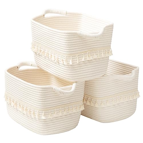 TeoKJ White Cotton Ropen Baskets for Storage, Set of 3 Woven Clothes Basket for Organizing and Storage, Blanket Basket for Living Room Laundry Bathroom Shelves