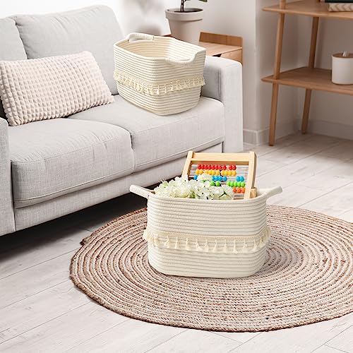 TeoKJ White Cotton Ropen Baskets for Storage, Set of 3 Woven Clothes Basket for Organizing and Storage, Blanket Basket for Living Room Laundry Bathroom Shelves