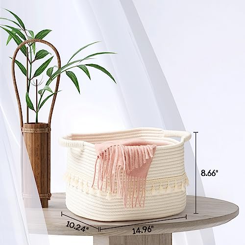 TeoKJ White Cotton Ropen Baskets for Storage, Set of 3 Woven Clothes Basket for Organizing and Storage, Blanket Basket for Living Room Laundry Bathroom Shelves