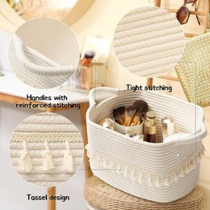 TeoKJ White Cotton Ropen Baskets for Storage, Set of 3 Woven Clothes Basket for Organizing and Storage, Blanket Basket for Living Room Laundry Bathroom Shelves