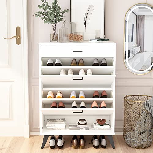 Lamerge Shoe Cabinet for Entryway, Modern Freestanding Shoes Storage Cabinet with 2 Flip Drawers & 1 Slide Drawer, Open Shelf, Narrow Slim Shoe Rack Organizer for Entryway, Hallway - White