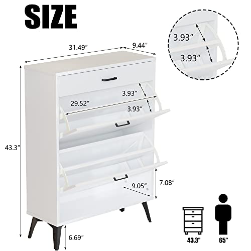 Lamerge Shoe Cabinet for Entryway, Modern Freestanding Shoes Storage Cabinet with 2 Flip Drawers & 1 Slide Drawer, Open Shelf, Narrow Slim Shoe Rack Organizer for Entryway, Hallway - White