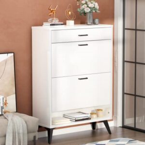 Lamerge Shoe Cabinet for Entryway, Modern Freestanding Shoes Storage Cabinet with 2 Flip Drawers & 1 Slide Drawer, Open Shelf, Narrow Slim Shoe Rack Organizer for Entryway, Hallway - White