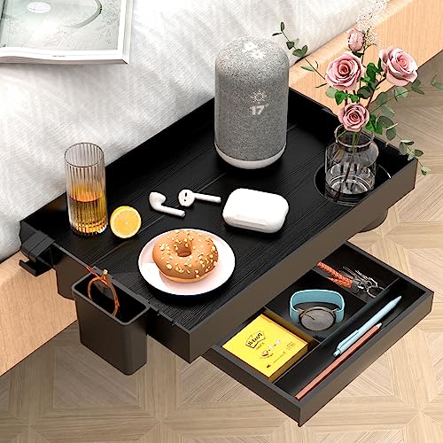 Ronlap Folding Bedside Shelf, Bunk Bed Shelf Organizer for Top Bunk Clip On Nightstand Plastic Bedside Shelf Tray for College Dorm Kids with Cupholder Hooks Hanging Cup, Small Size with Drawer, Black