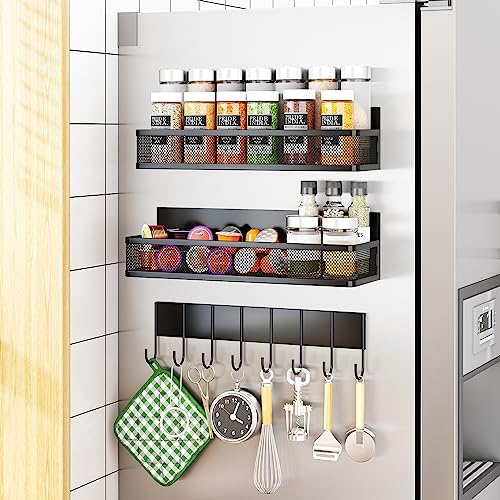 Aufworld Magnetic Spice Rack for Refrigerator, 3 Pack Magnetic Shelf, Moveable Magnetic Fridge Organizer with 8-Hook Rack, Seasoning Organizer for Kitchen Organization and Storage (3 Pack)