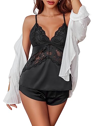 Avidlove Women Pajamas Set Soft Satin Sleepwear Sexy Lingerie 2 Piece Silk Pjs Cami top and Shorts Sleep Camisole Nightwear Black