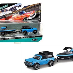 2021 Bronco Blue with Black Top and Roof Rack and Ski Boat with Trailer Blue and Black Tow & Go Series 1/64 Diecast Model Car 15368-22D