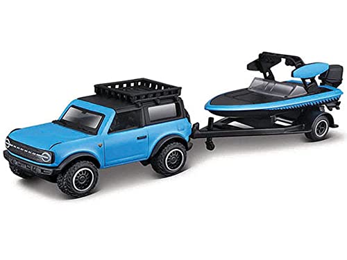 2021 Bronco Blue with Black Top and Roof Rack and Ski Boat with Trailer Blue and Black Tow & Go Series 1/64 Diecast Model Car 15368-22D