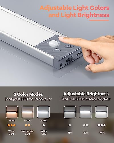 65 LED Under Cabinet Lights 2 Packs, 3 Color Temperatures Dimmable Motion Sensor Closet Lights, 2500mAh Rechargeable Under Counter Lights, Wireless Night Lights for Drawer, Wardrobe, Kitchen, Hallway