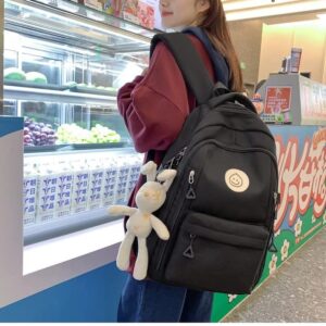 Preppy Backpack Smiling Face with Bunny Plush Cute Aesthetic Backpack Preppy Stuff Kawaii Accessories Korean College Style (Black,One Size)