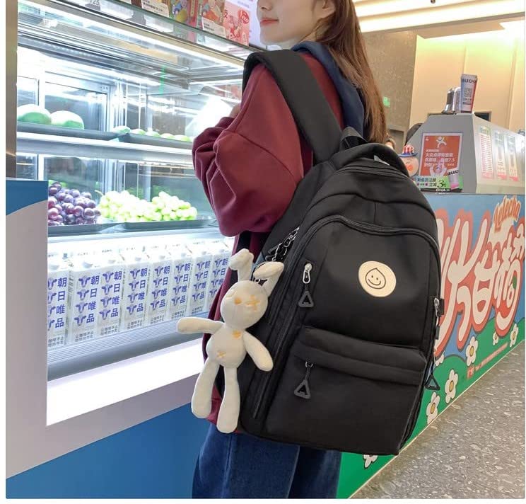 Preppy Backpack Smiling Face with Bunny Plush Cute Aesthetic Backpack Preppy Stuff Kawaii Accessories Korean College Style (Black,One Size)